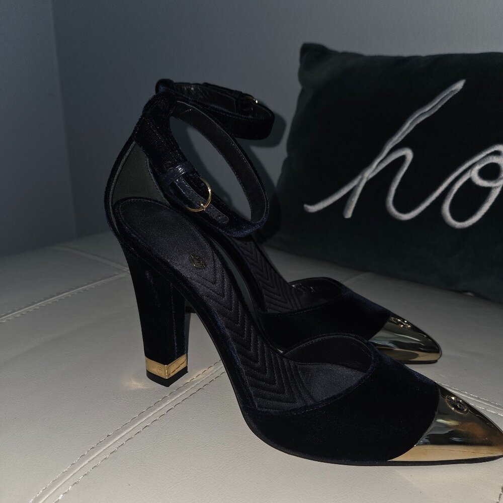 Armani D'Orsay Blue Velvet Ankle Strap Gold Toe Heels